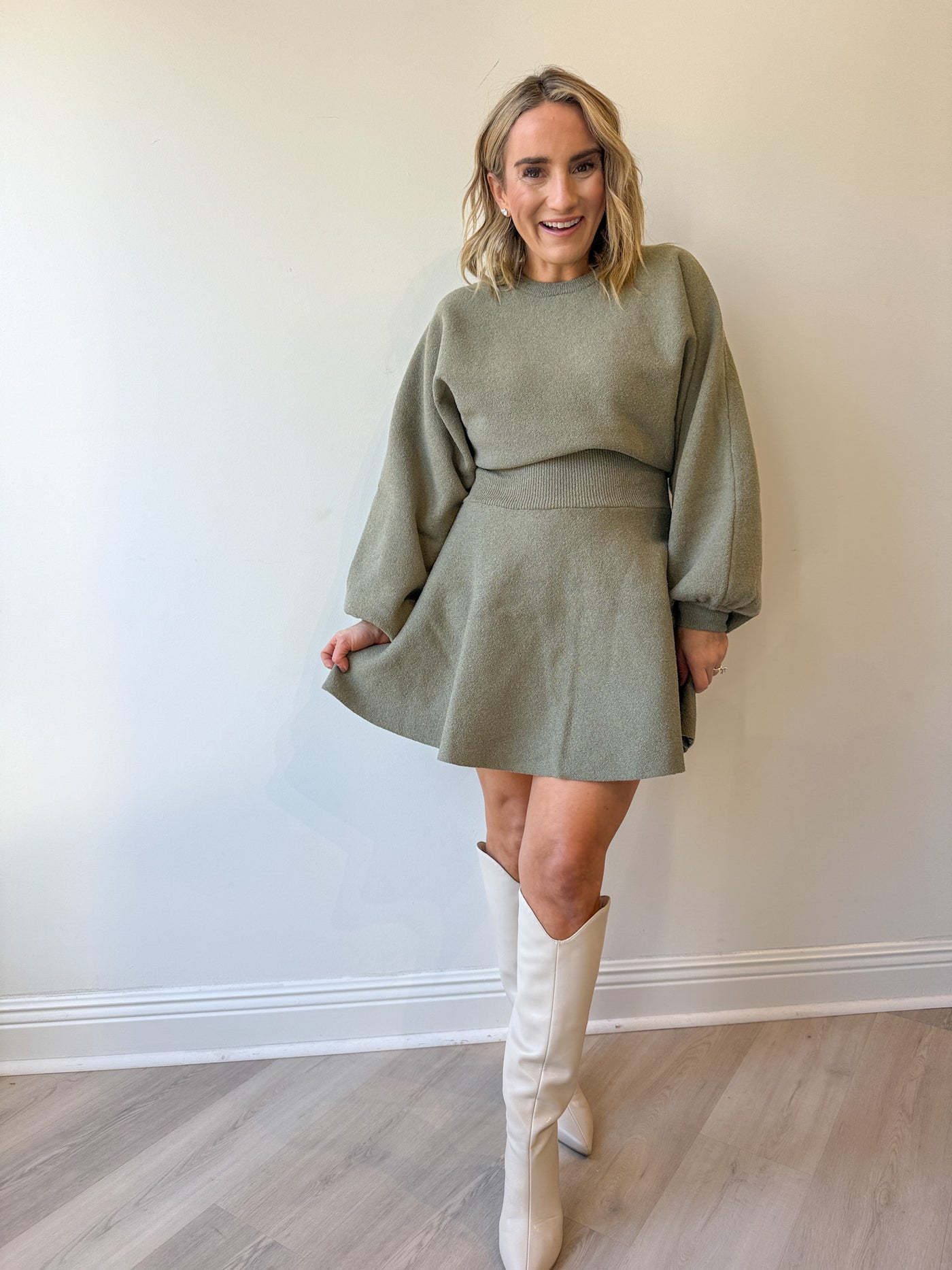Bria Balloon Sleeve Sweater Dress Olive