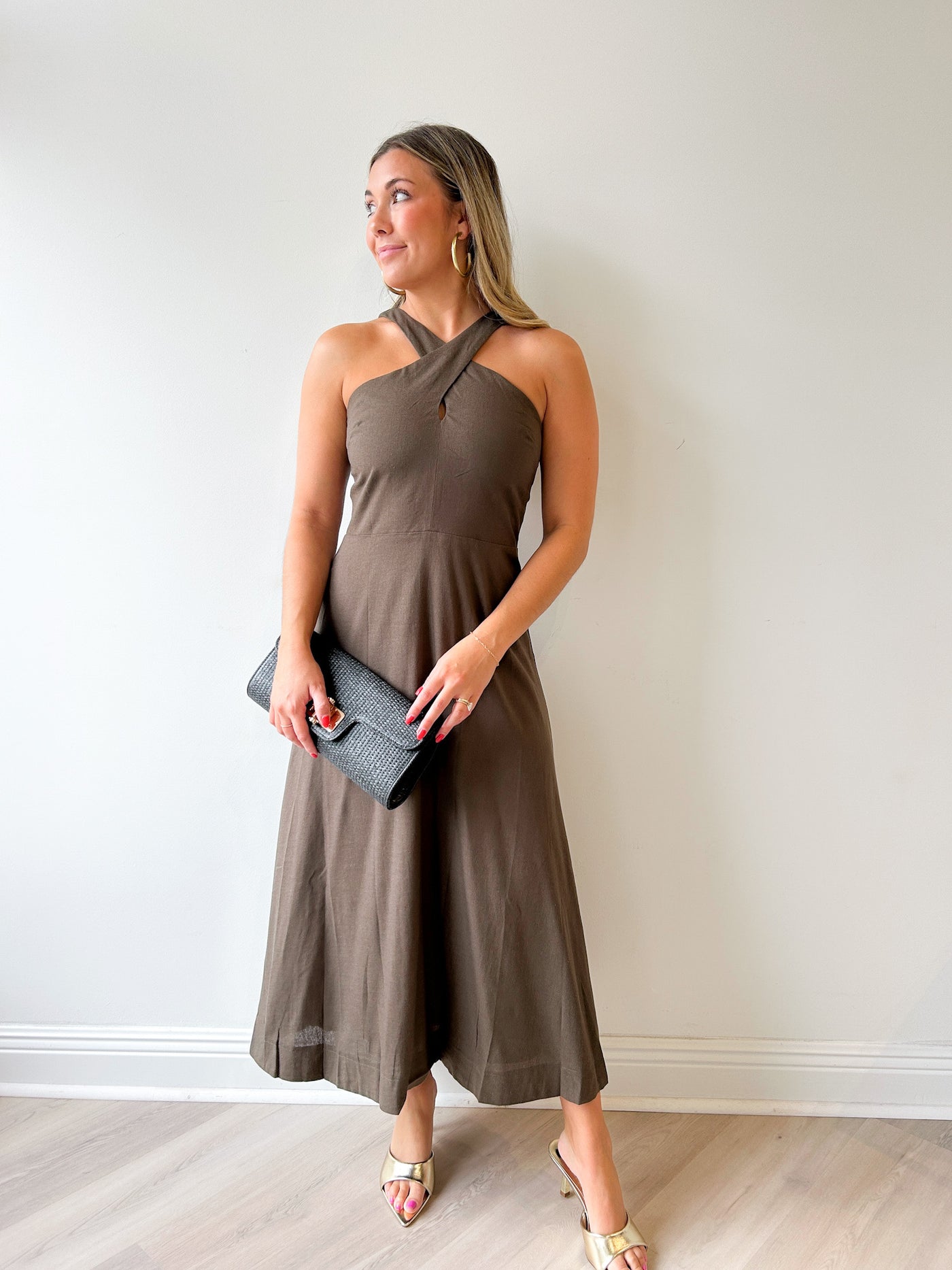 Backyard Linen Blend Halter Neck Dress