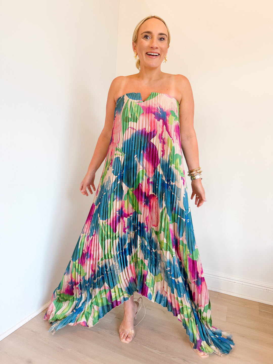 Kathy Strapless Pleated Midi Dress Lapis Bloom / Large
