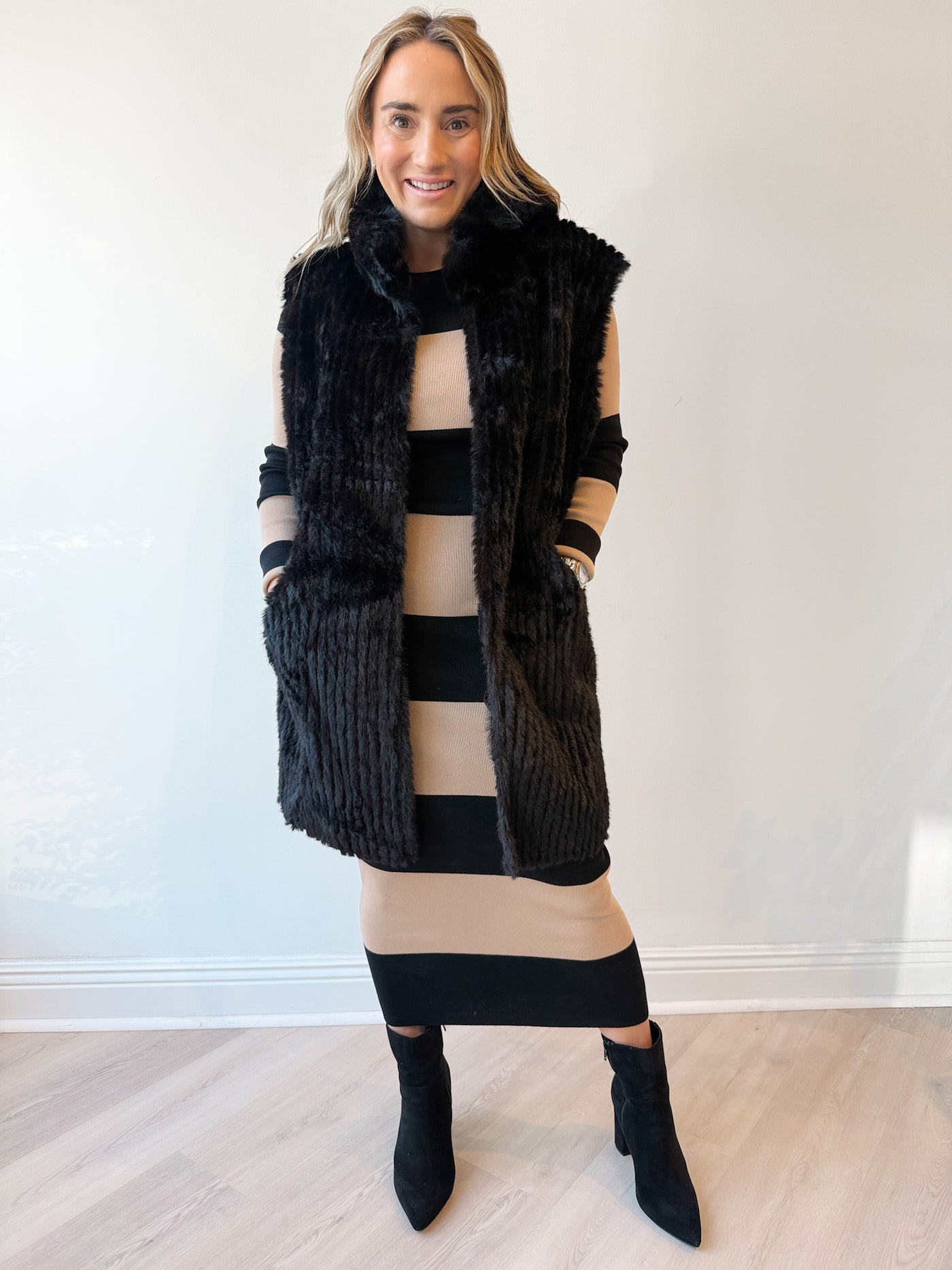 Ribbed Faux Fur Belted Vest