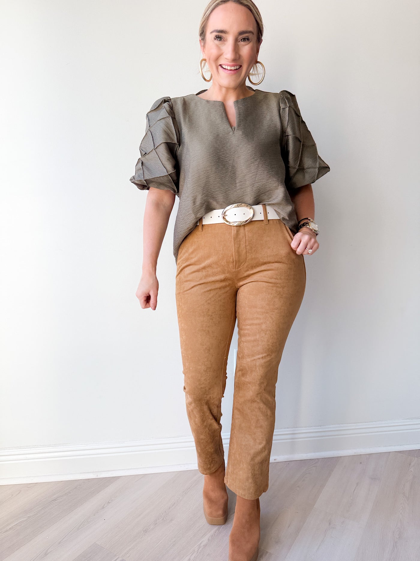 Celeste Quilted Detail Short Slv. Top Olive