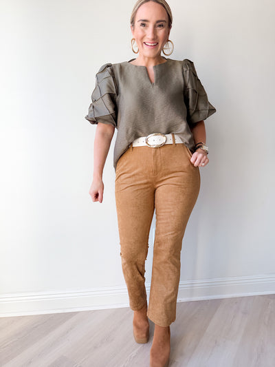 Celeste Quilted Detail Short Slv. Top Olive