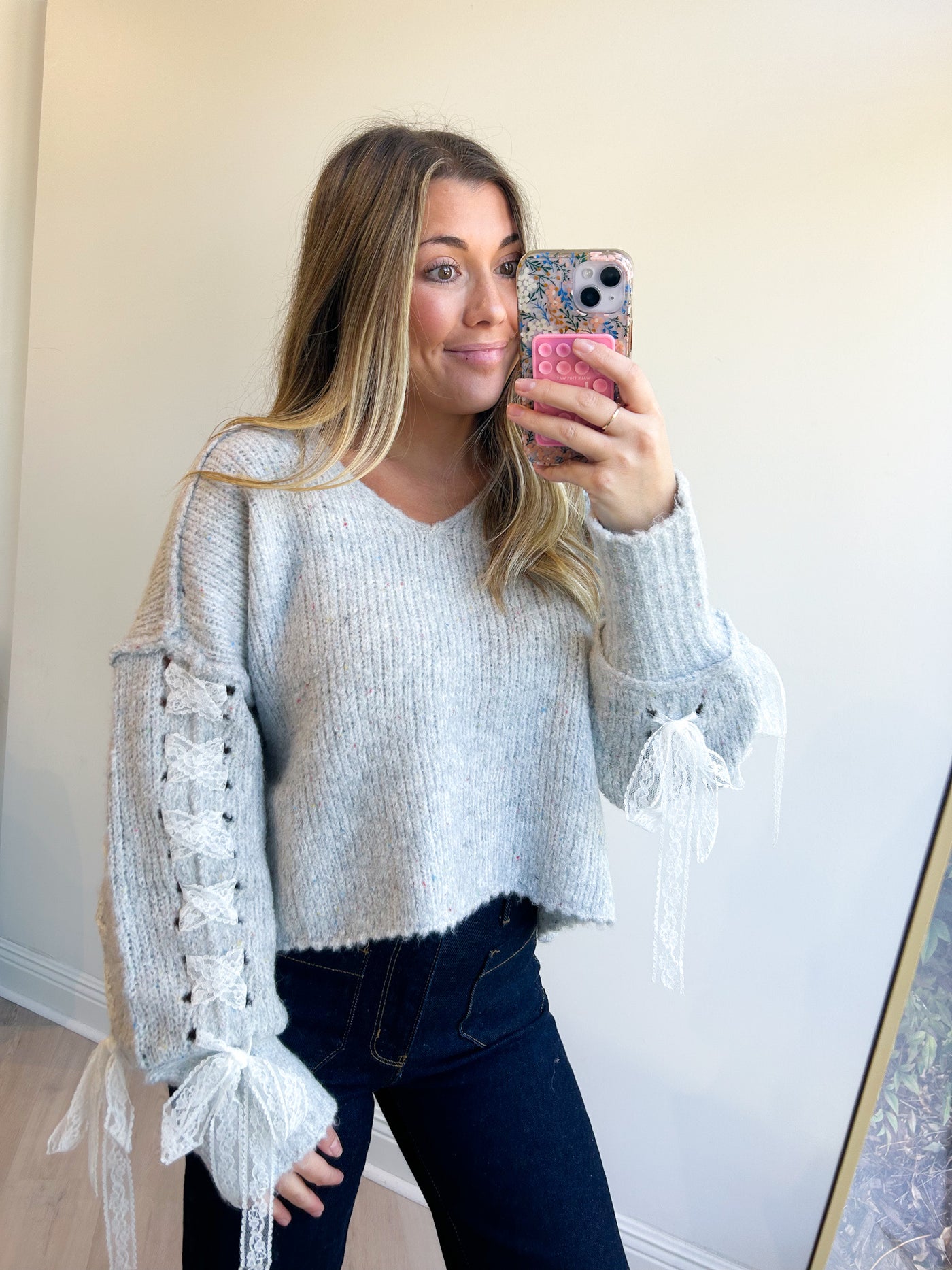Myra Lace Up Sleeve Crop Sweater
