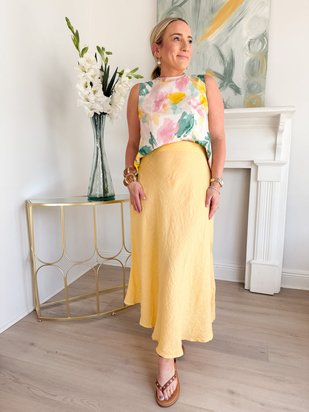 Kary Crinkle Linen Midi Skirt Citrine