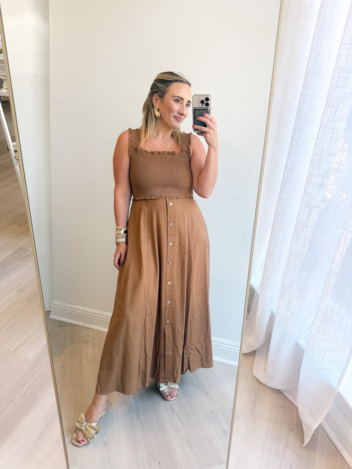 Reagan Smocked Sleeveless Button Down Midi Dress