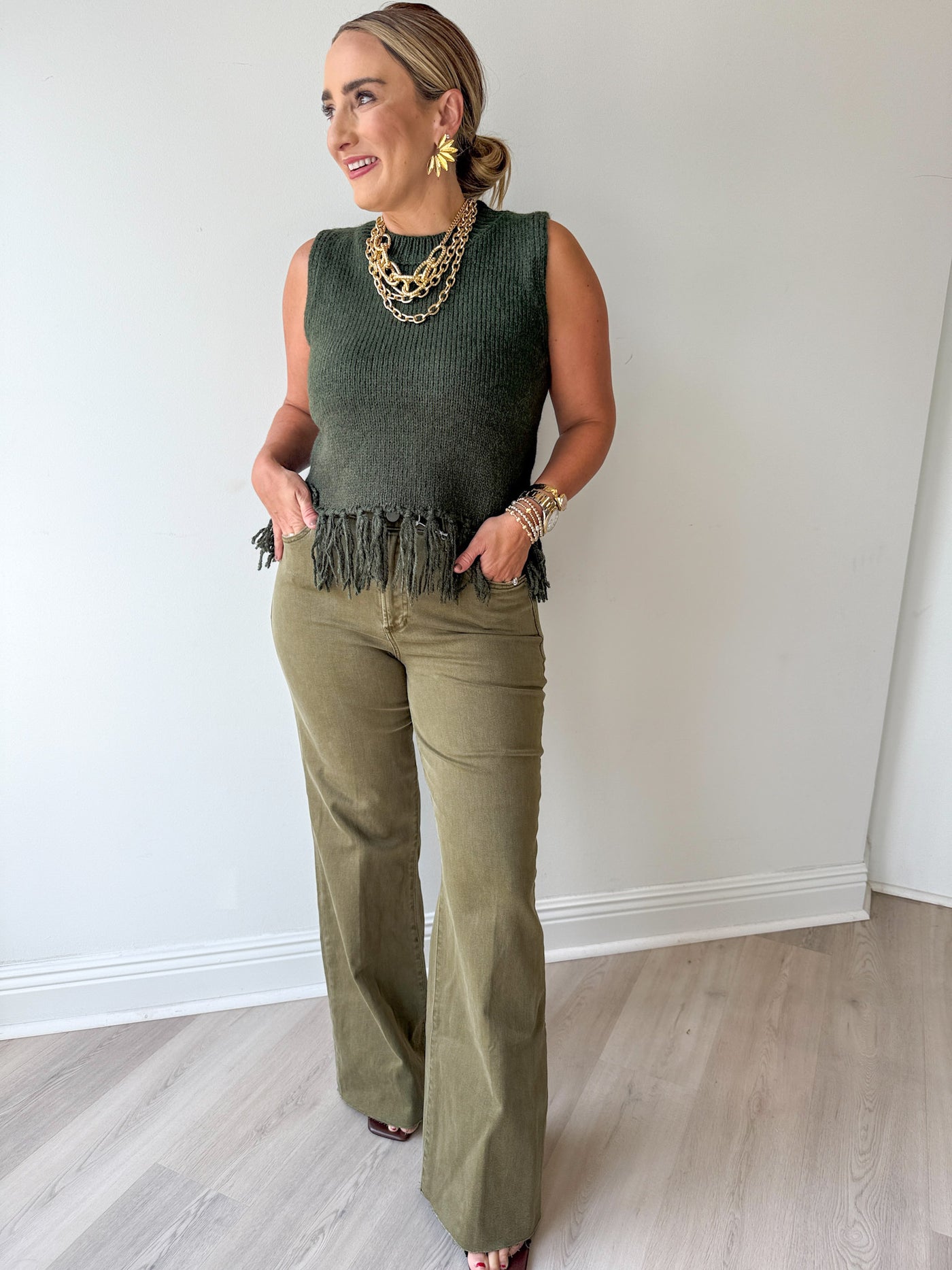 Halley Fringe Sleeveless Sweater Olive