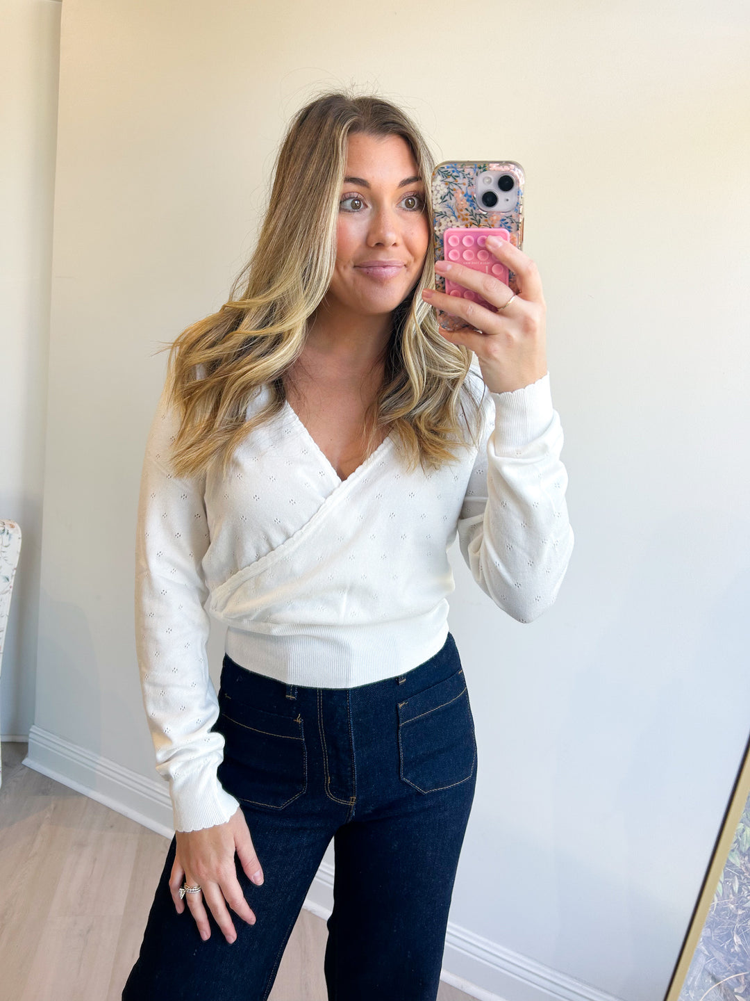Gemma Pointelle Criss Cross Sweater Off White
