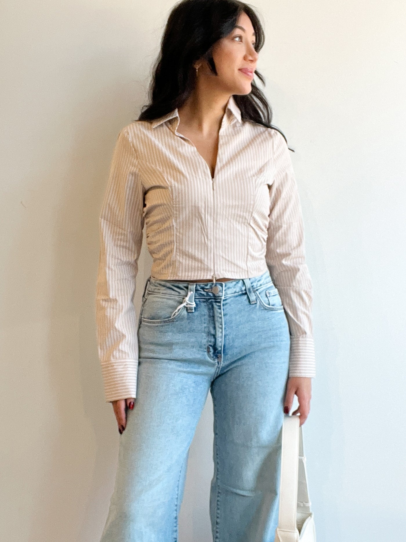 Nyla V-Neck Woven Stripe Top