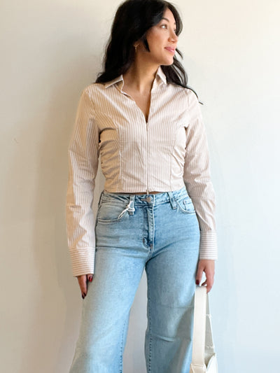 Nyla V-Neck Woven Stripe Top
