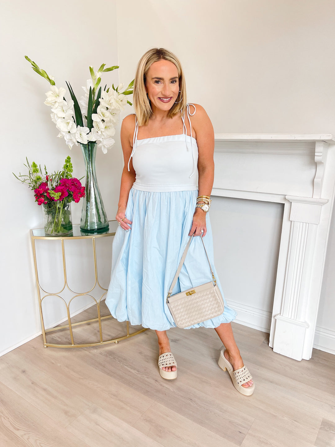 Taryn Balloon Hem Midi Dress Baby Blue