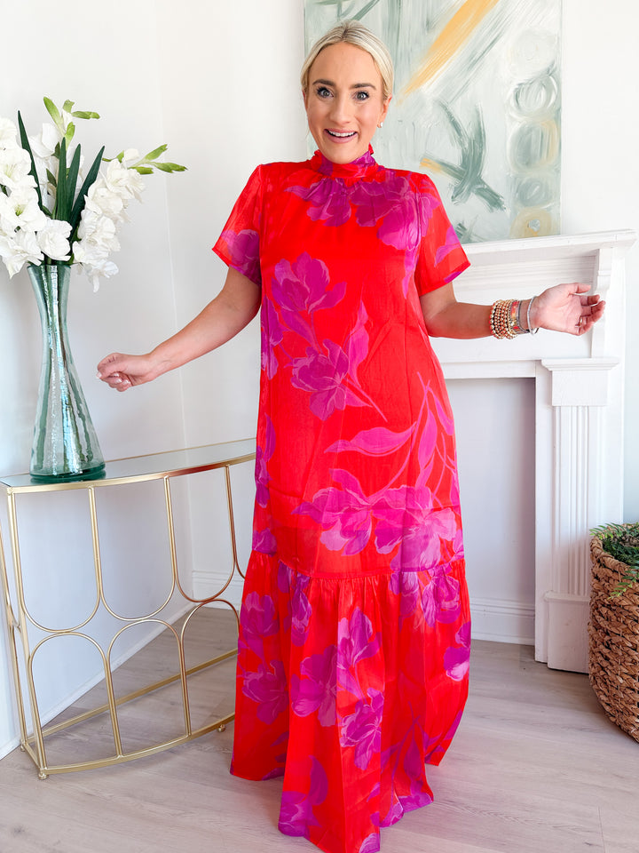 Dime Organza Mockneck Maxi Dress Red - Fuchsia