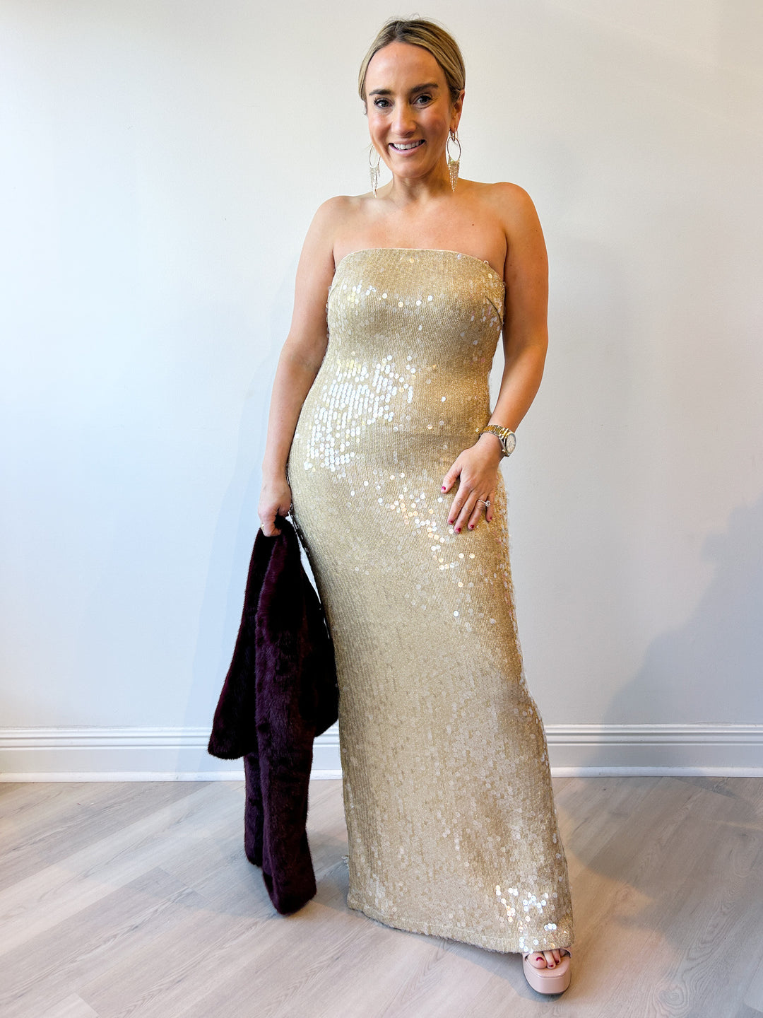gold sequin dress anthropologie Off Shoulder Sequin Dress main image 1