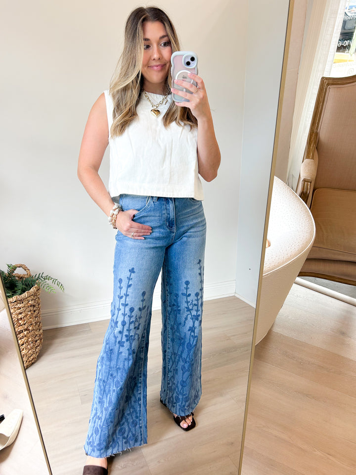Embroidered High Rise Wide Leg Jeans