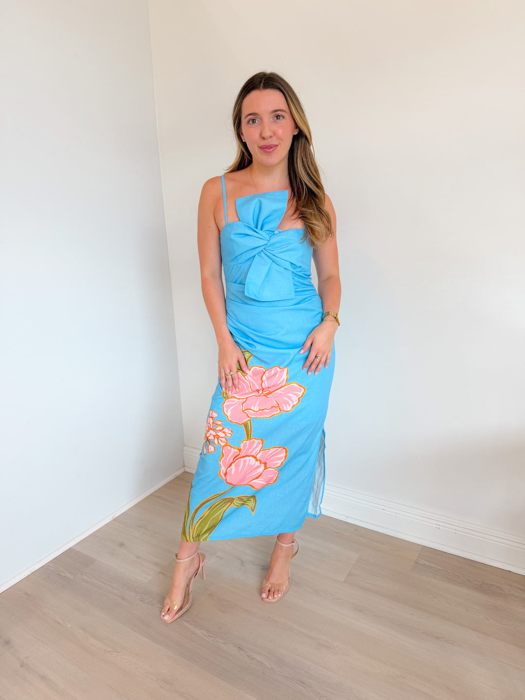 Sandra Big Floral Print Twisted Poplin Dress