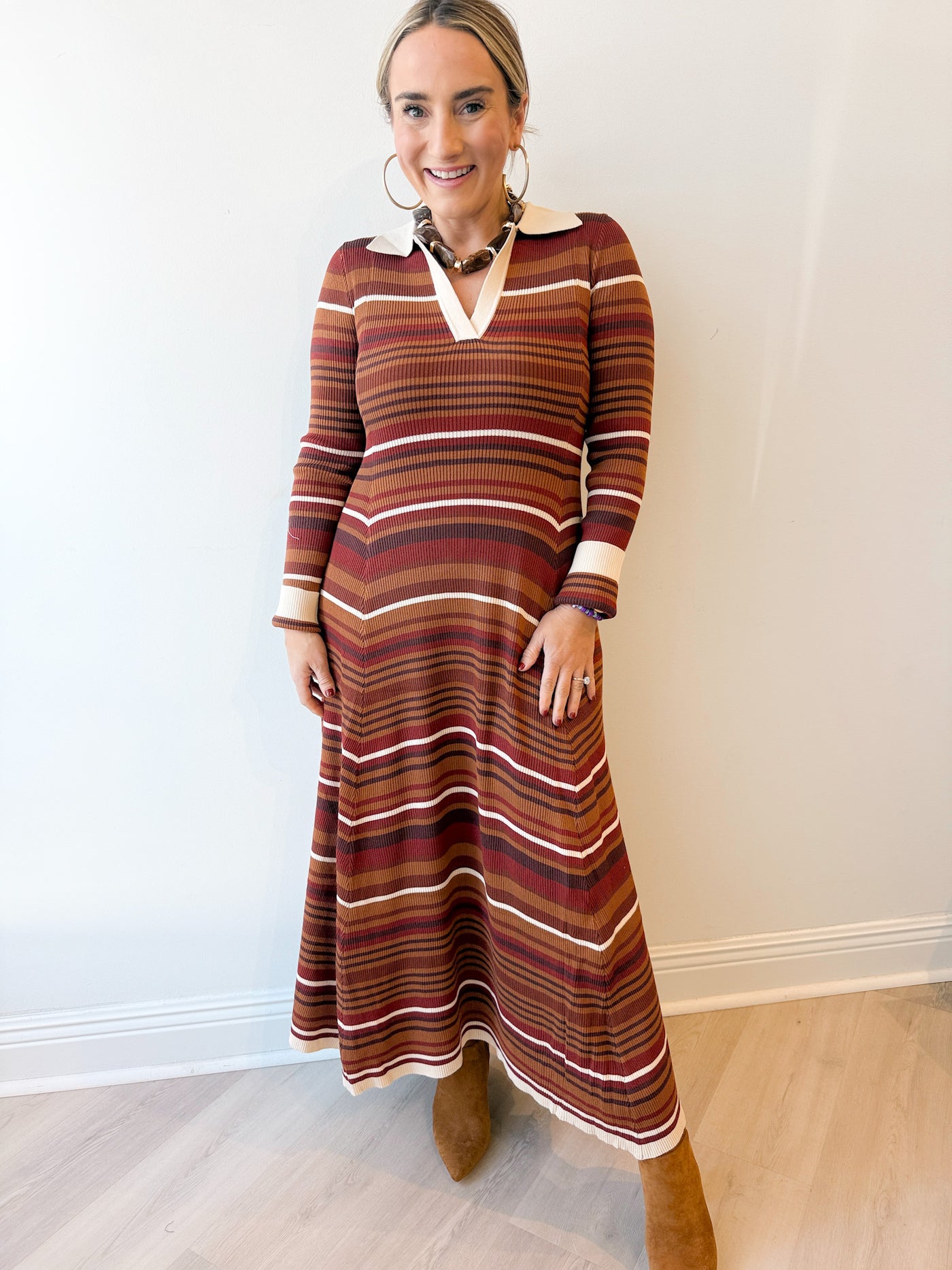 Jaden Stripe Collared L/S Midi Dress