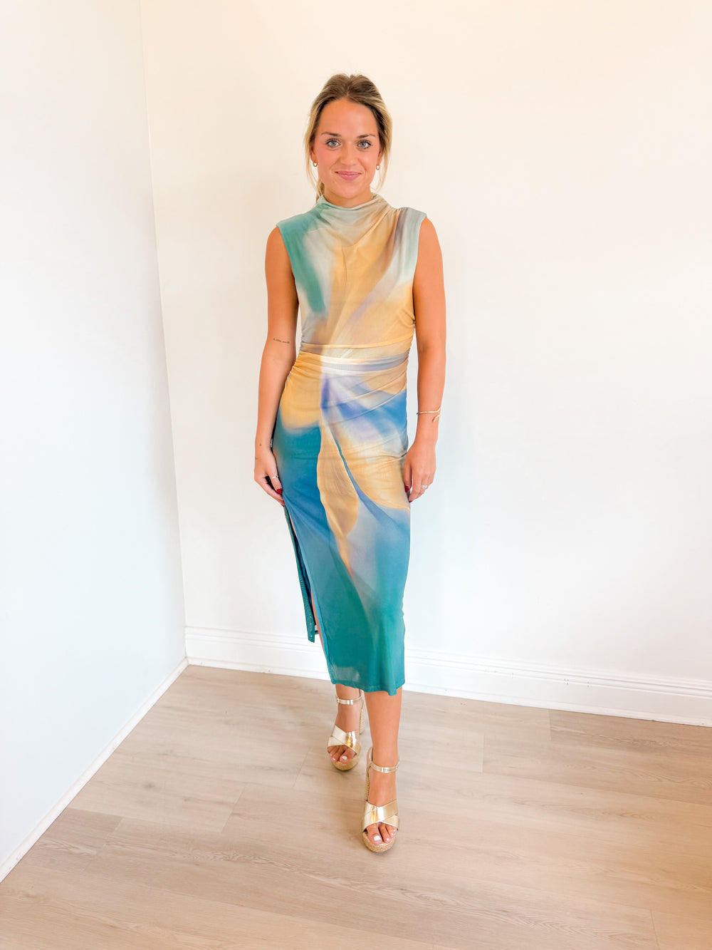 Orchid Drop Shoulder Mesh Midi Dress