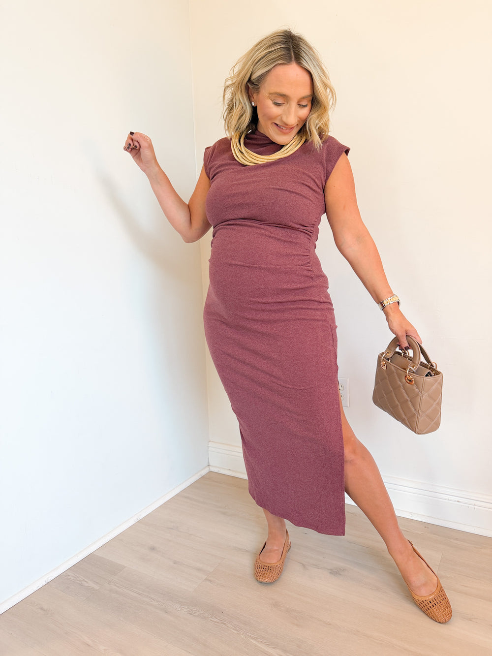 Lola Mock Neck Knit Midi Dress wine
