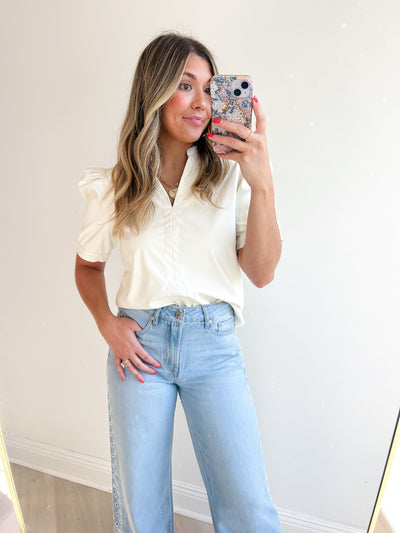Liv Split Neck Faux Leather Top