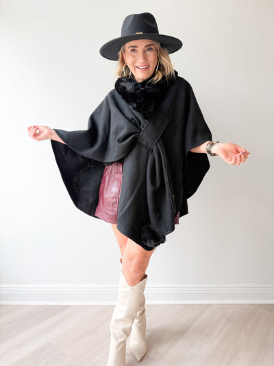 Plush Vegan Fur Trim Ruana Black One Size