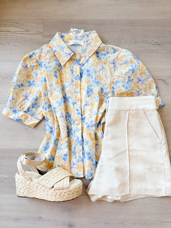 Sienna Water Color Floral Button-Down Shirt Blue Yellow
