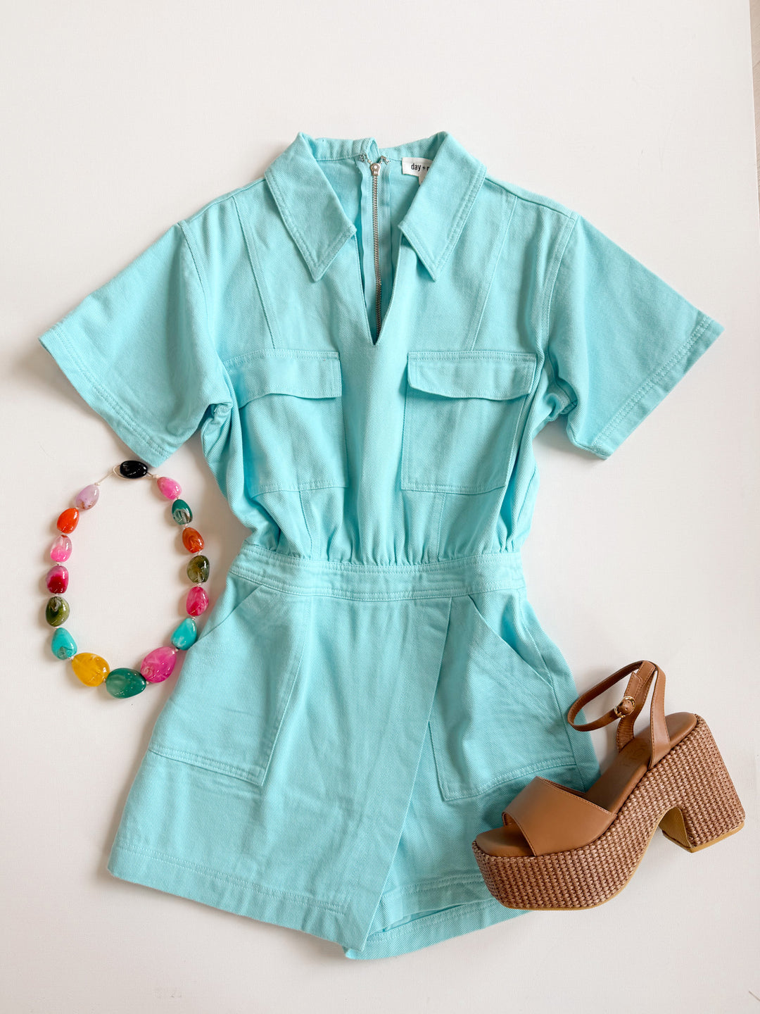Luna Denim Wrap Front Romper w/ Flap Pockets