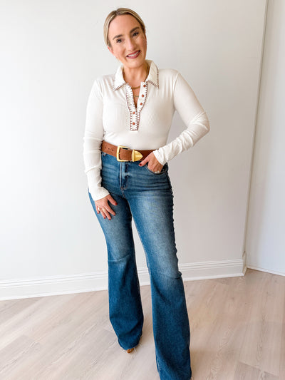 Randal Contrast Button Ribbed Top Off White