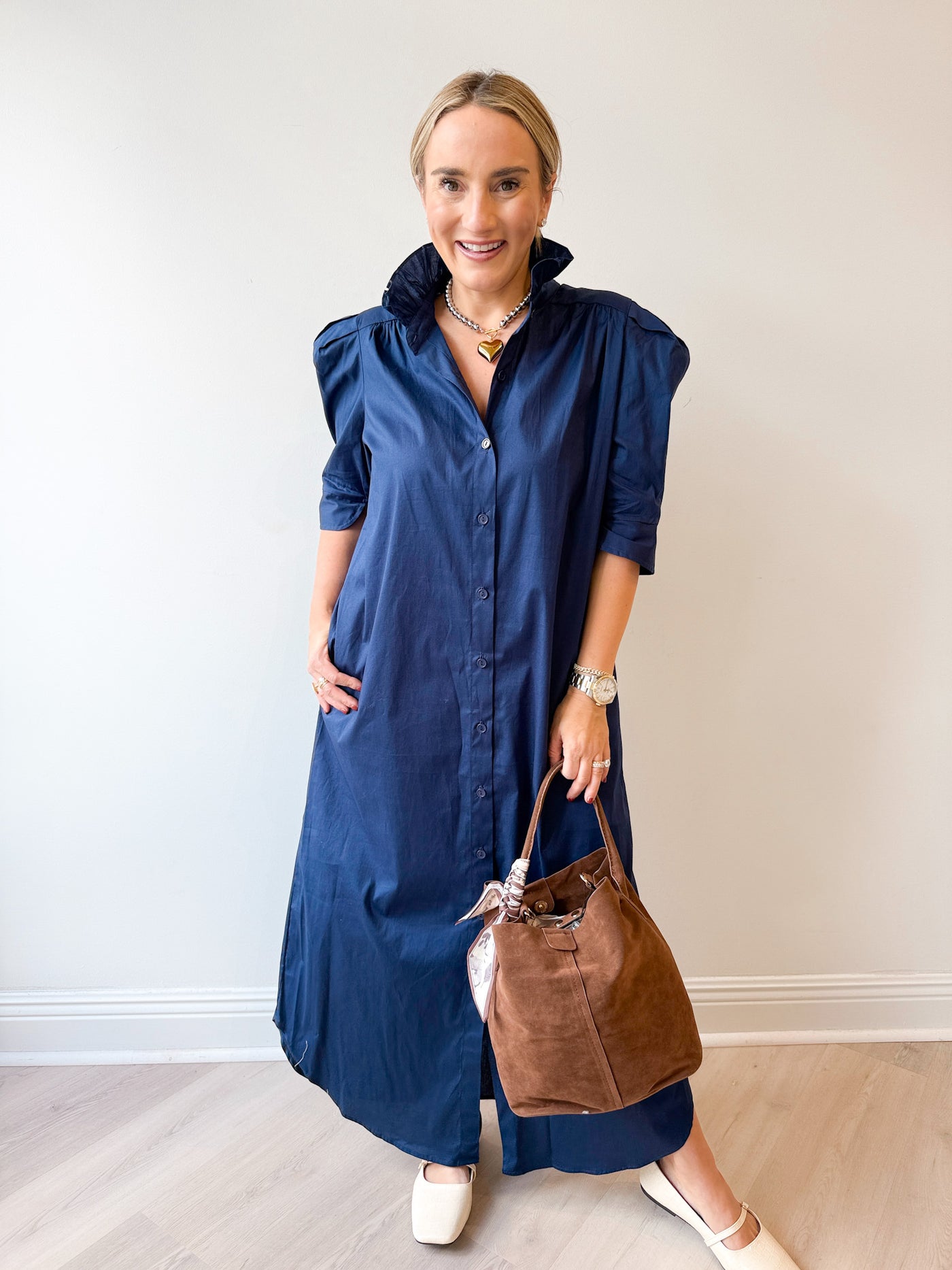 Ruffle Collar Puff Sleeve Midi Dress