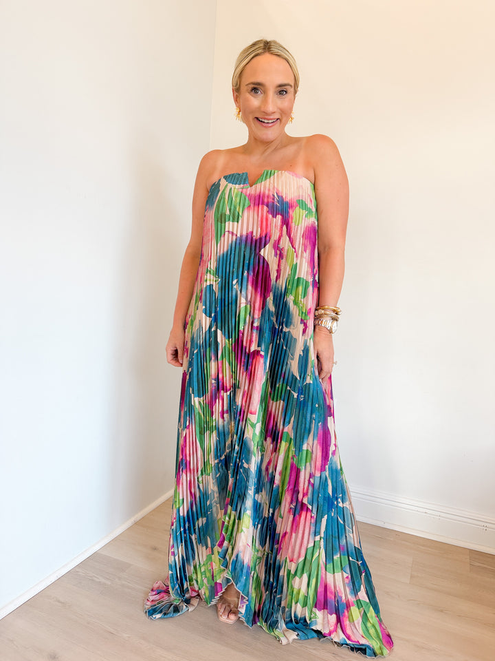 Kathy Strapless Pleated Midi Dress