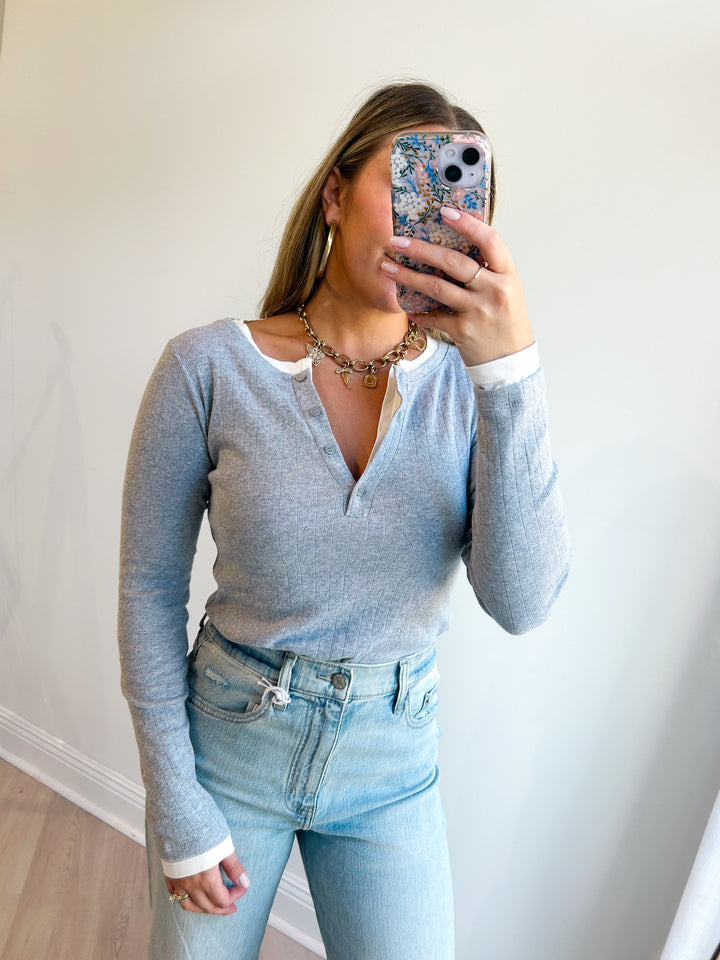 Sarah Semi Button &amp; Layered Pointelle Rib L/S Top