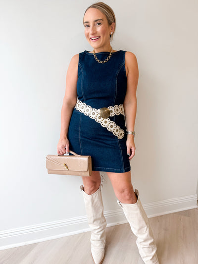 Ally Denim Mini Dress w/Contrast Stitching