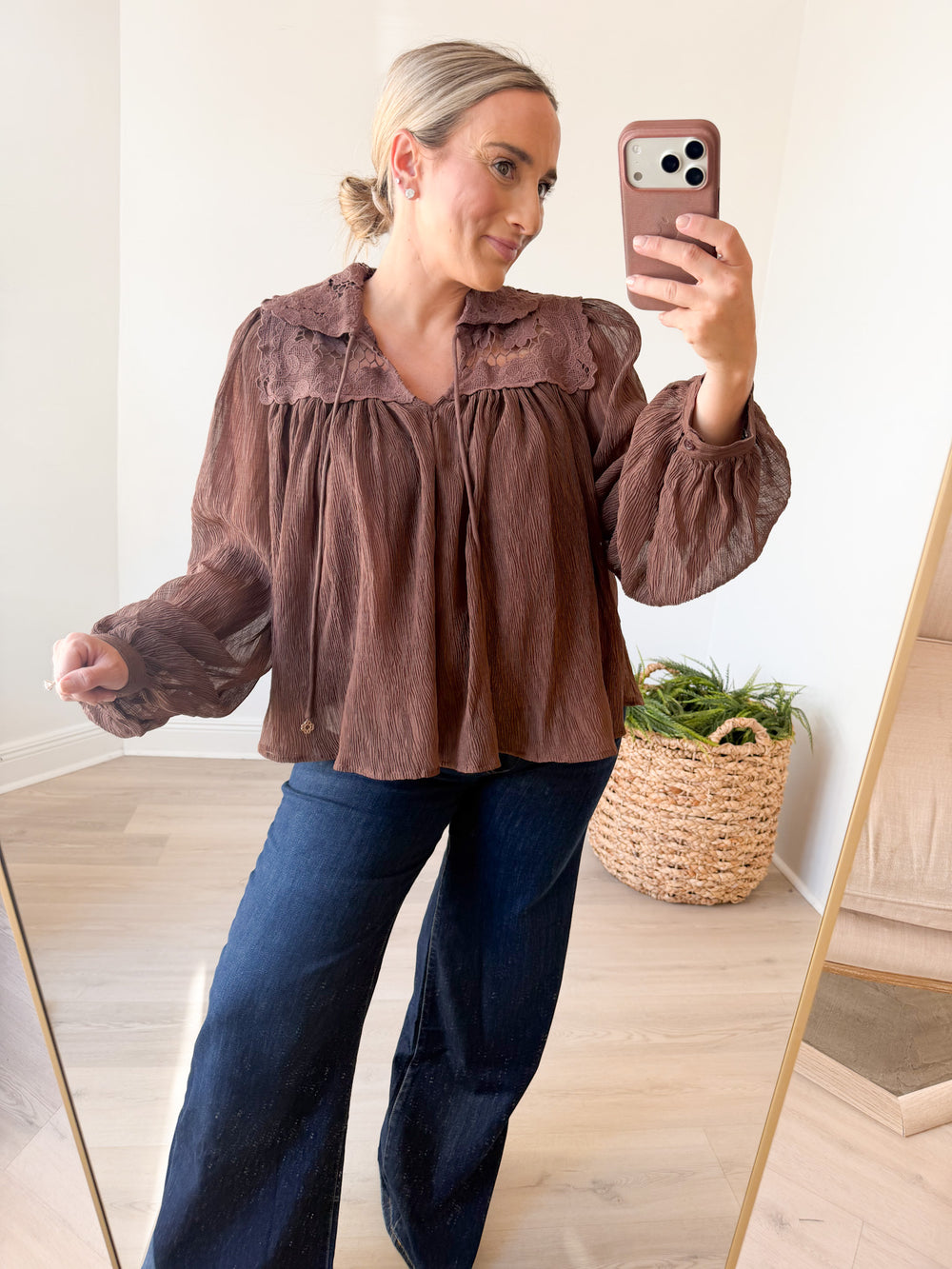 Saysa Long Sleeve Top w/ Lace Collar Tie Front