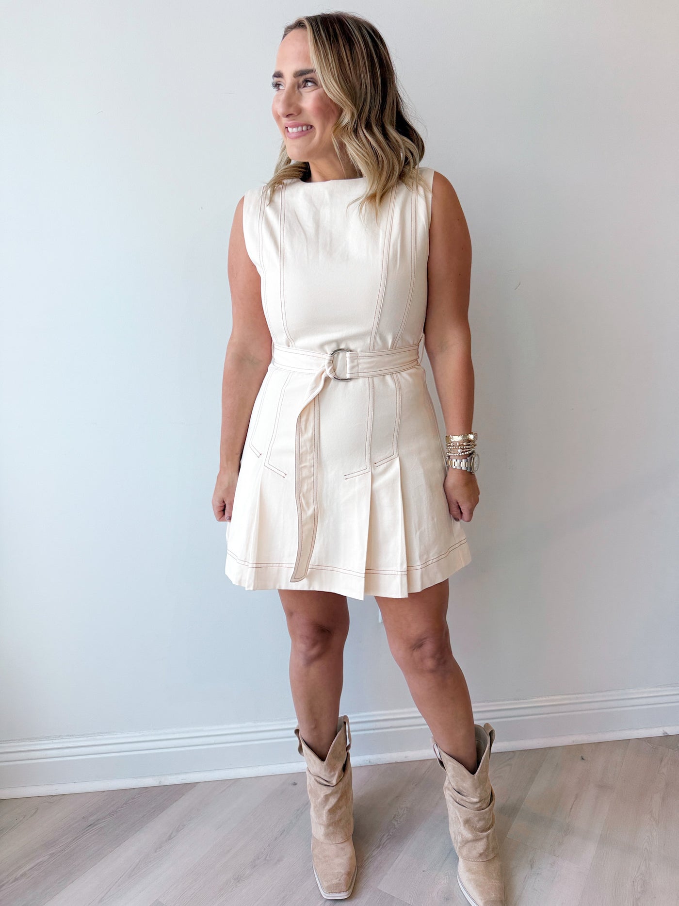 Tammy Contrast Stitch Front Pleat Dress