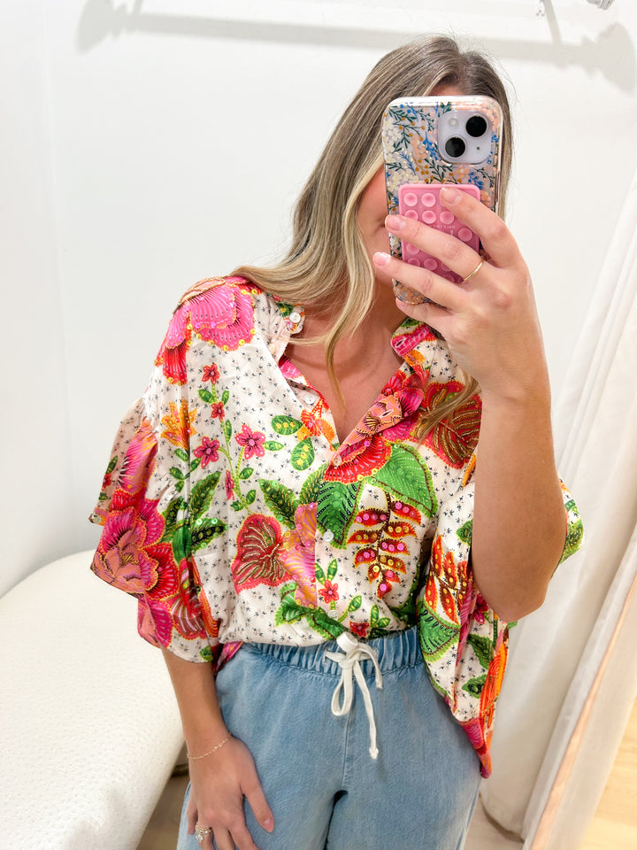 Floral &amp; Sequin Shirt white mutli O S
