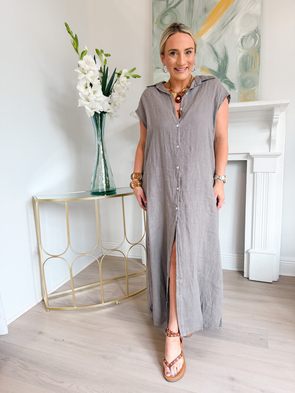 Margie Crinkle Linen Sleeveless Maxi Shirt Dress Mocha