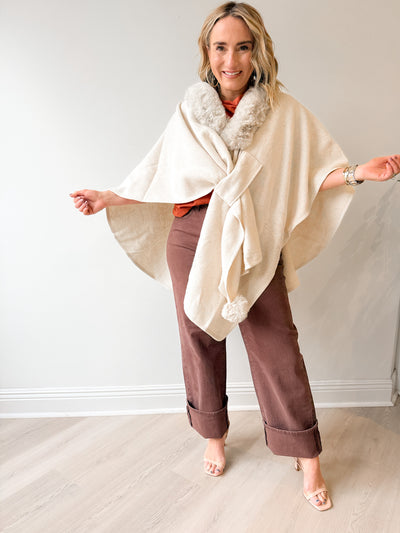 Plush Vegan Fur Trim Ruana Beige One Size