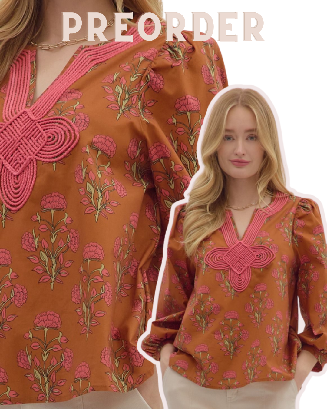 Bria Puff Slv. Embroidered Knot Trim Top