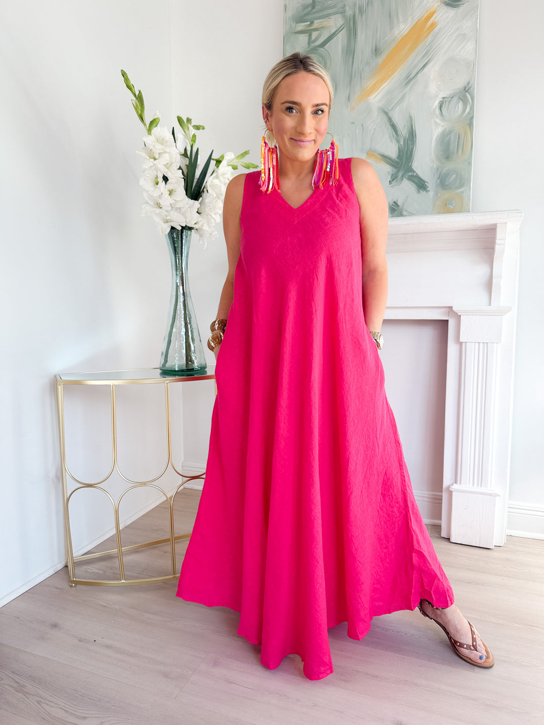 Millie Linen Maxi Dress raspberry