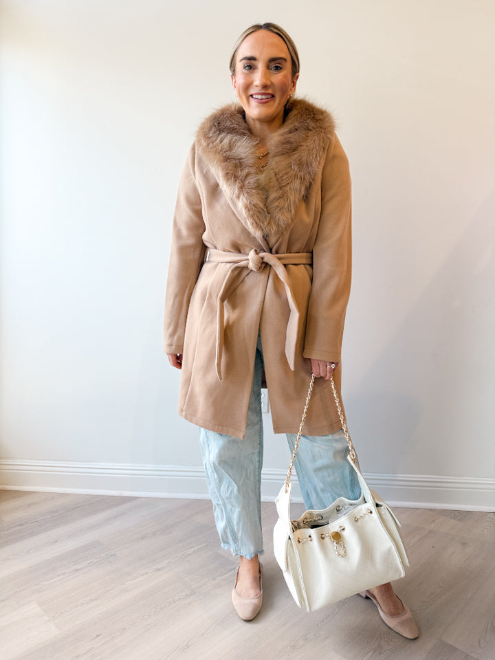 Removable Fur Collar Belted Coat Taupe