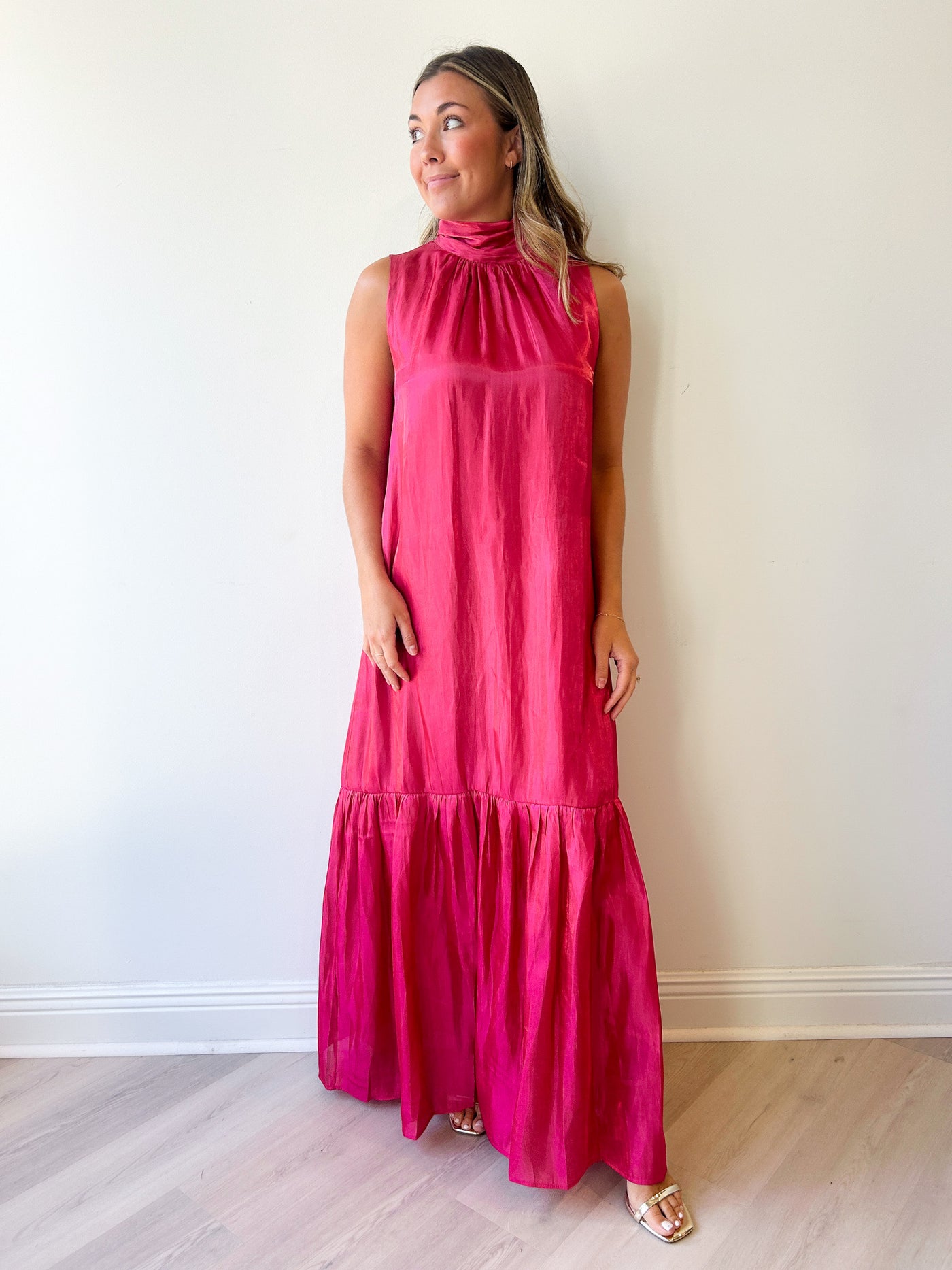 Maeva Organza Mockneck Maxi Dress Fuschia