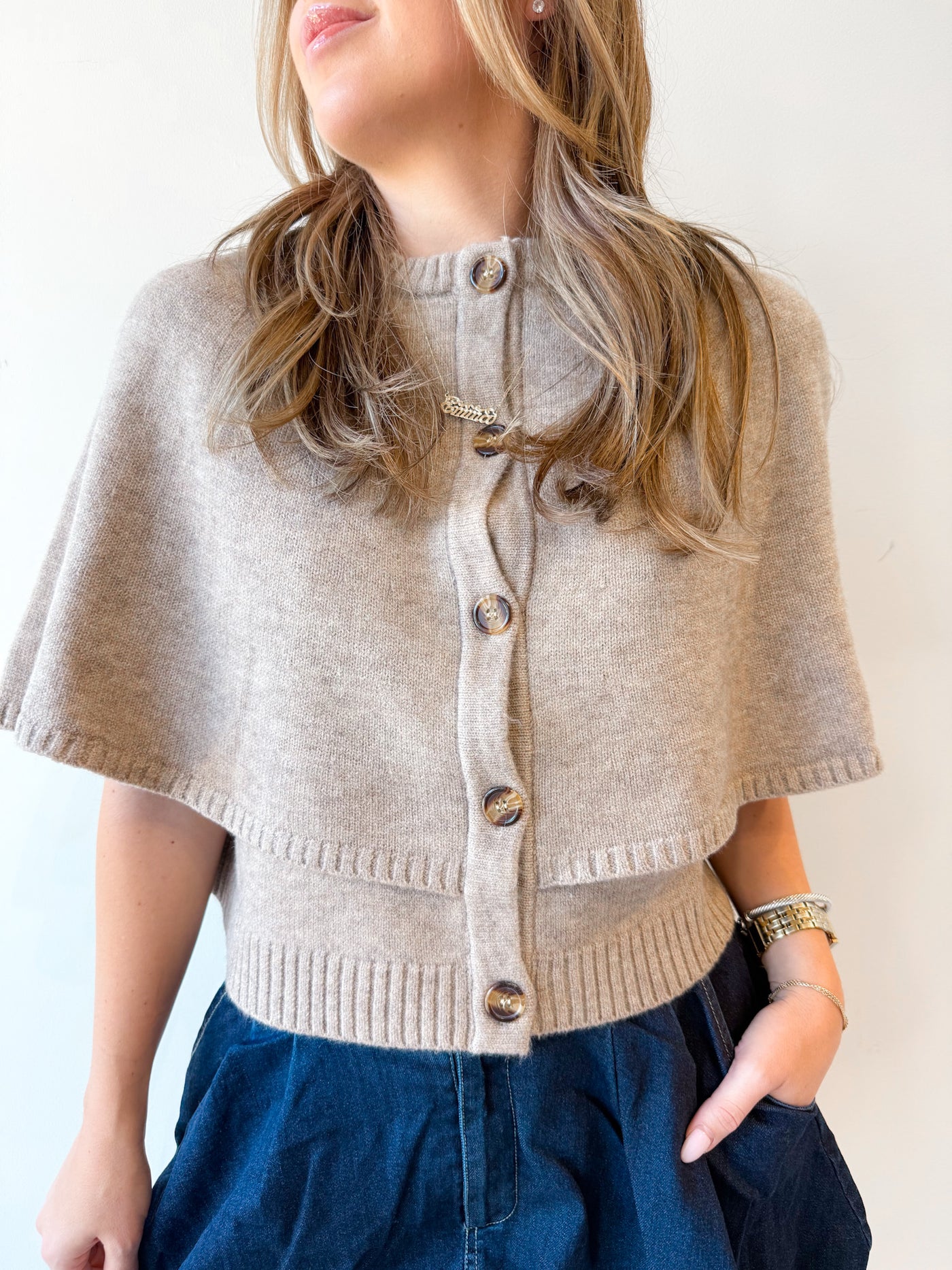 Sara Button Up Sweater Cape Top