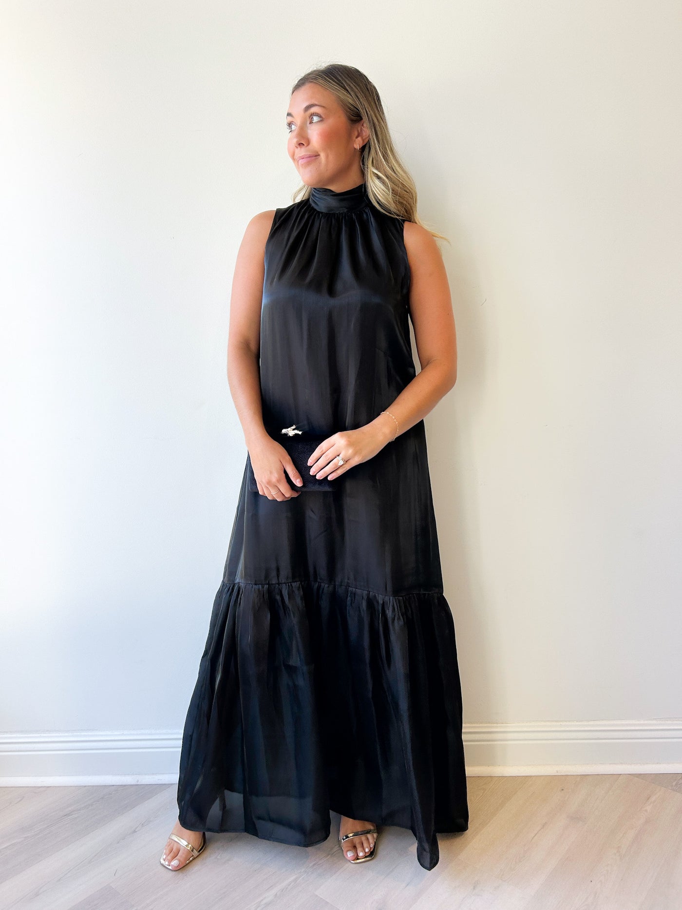 Maeva Organza Mockneck Maxi Dress Black