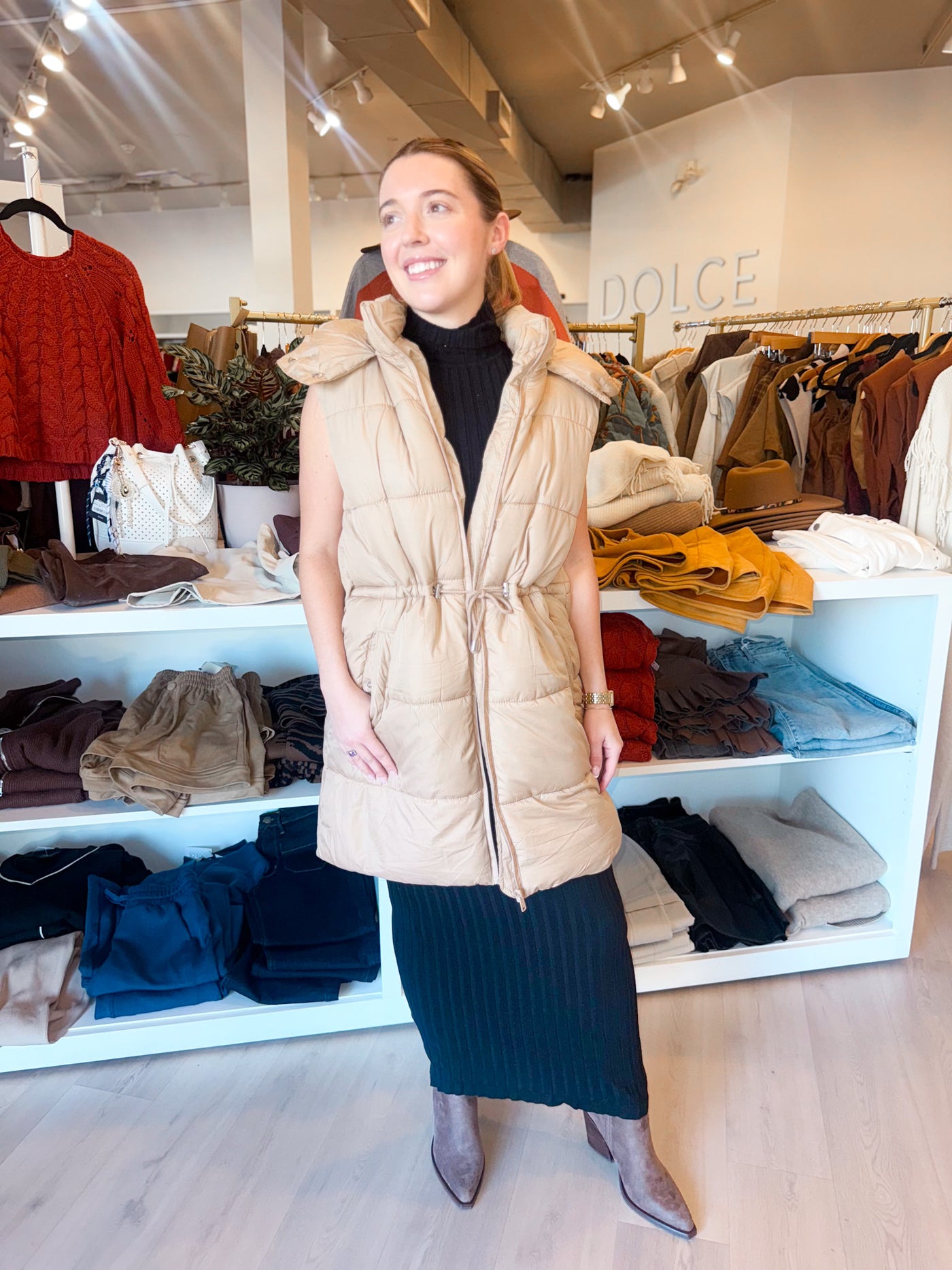 Aspen Long Puffer Vest Khaki