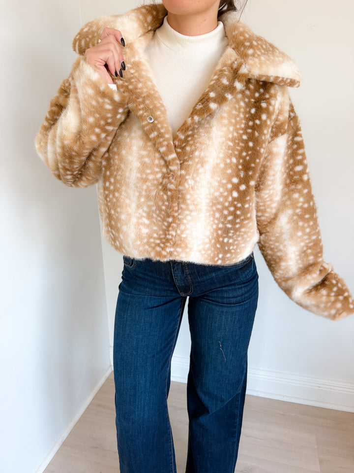 Doe Deer Print Faux Fur Cropped Jacket