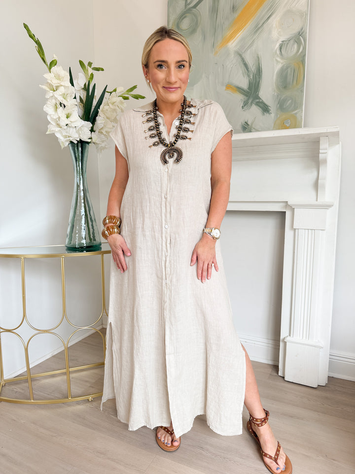 Margie Crinkle Linen Sleeveless Maxi Shirt Dress Beige