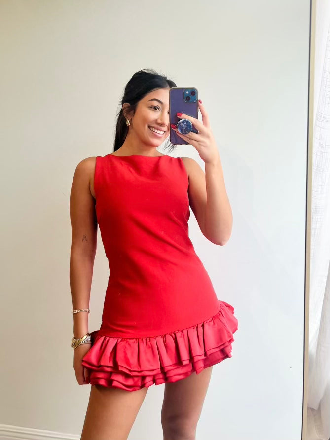 Elle Balloon Hem Tie Back Romper Red