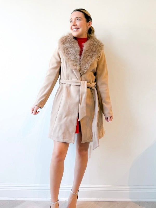 Removable Fur Collar Belted Coat Taupe