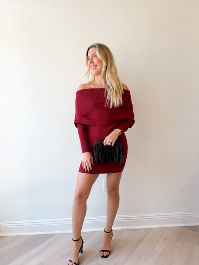Nikki Off Shoulder Mini Sweater Dress Burgundy