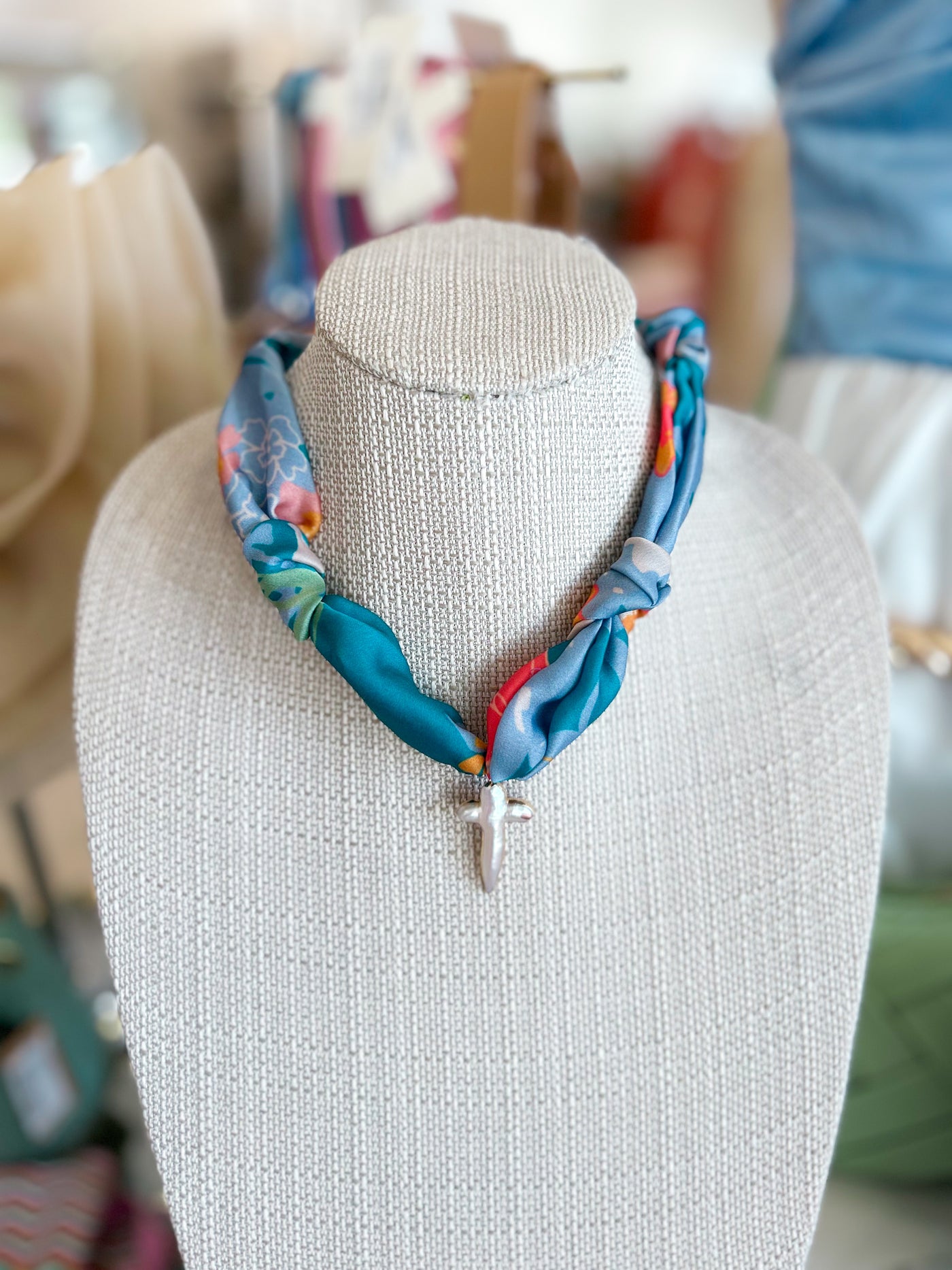 Mother of Pearl Cross Scarf Necklace