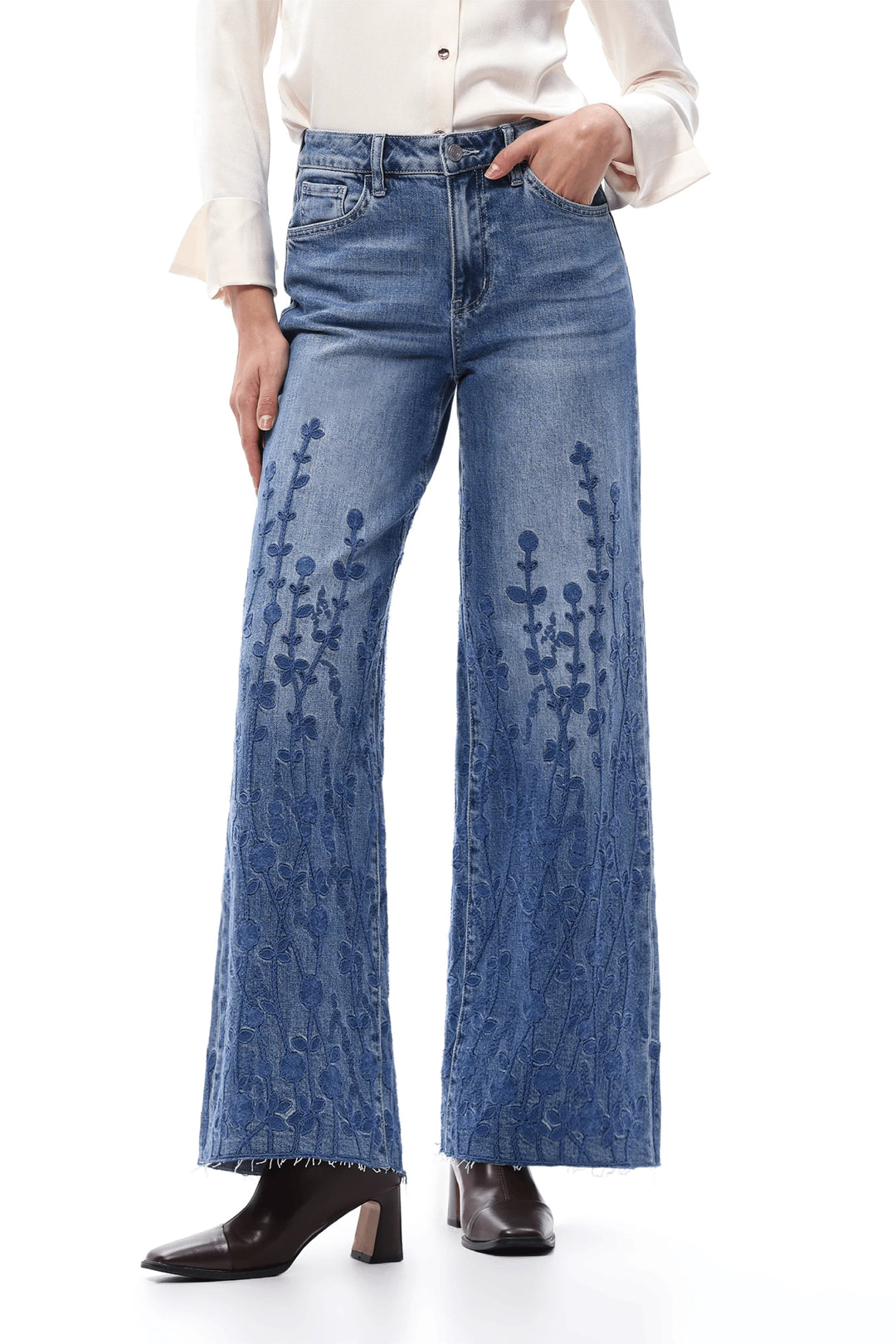 Embroidered High Rise Wide Leg Jeans