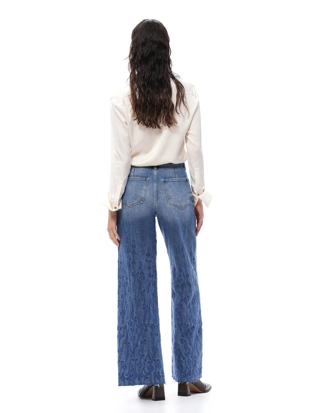 Embroidered High Rise Wide Leg Jeans